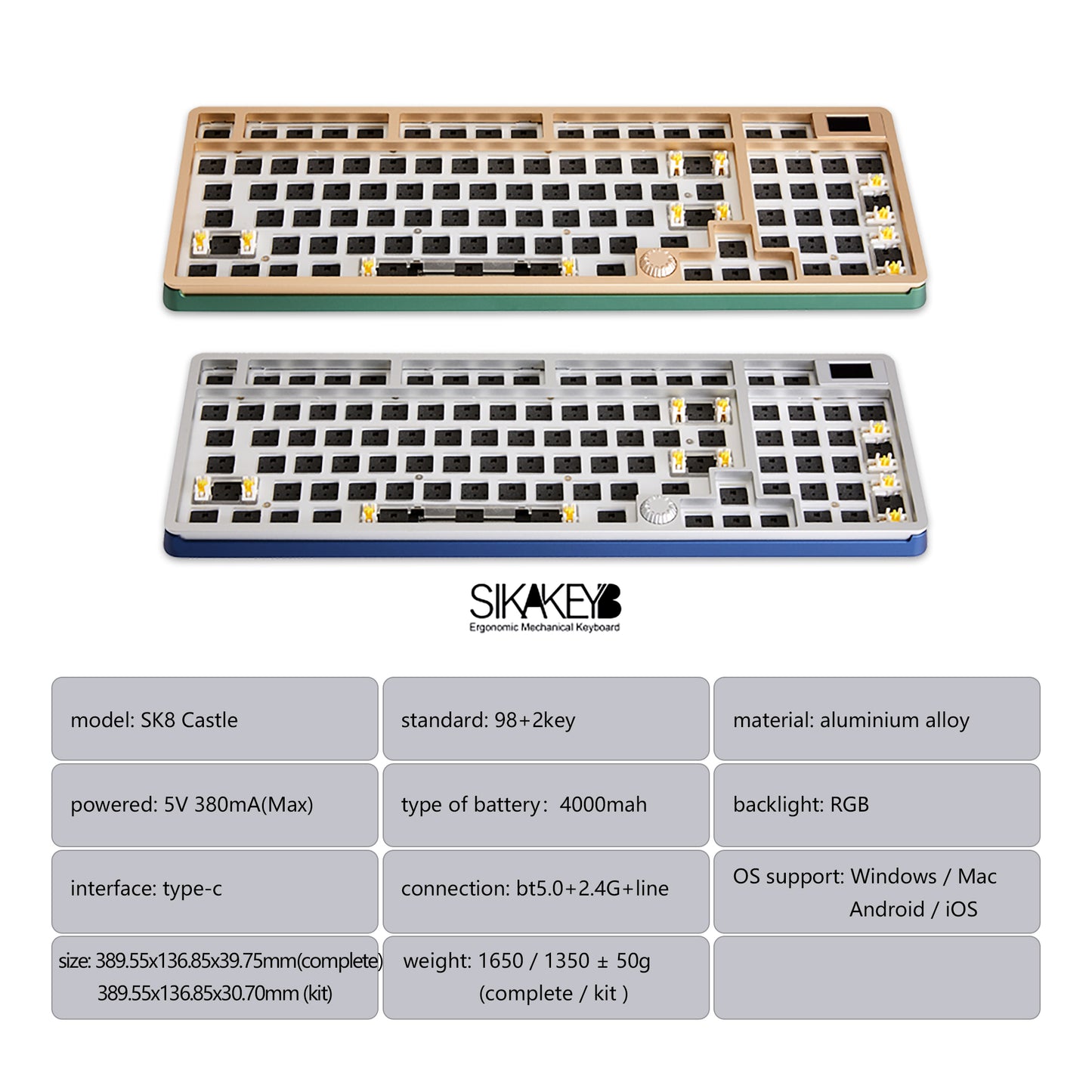 Sikakeyb Sk8 Castle Mechanisches Tastatur-Kit mit 98 Tasten und 95 % Knopfbildschirm
