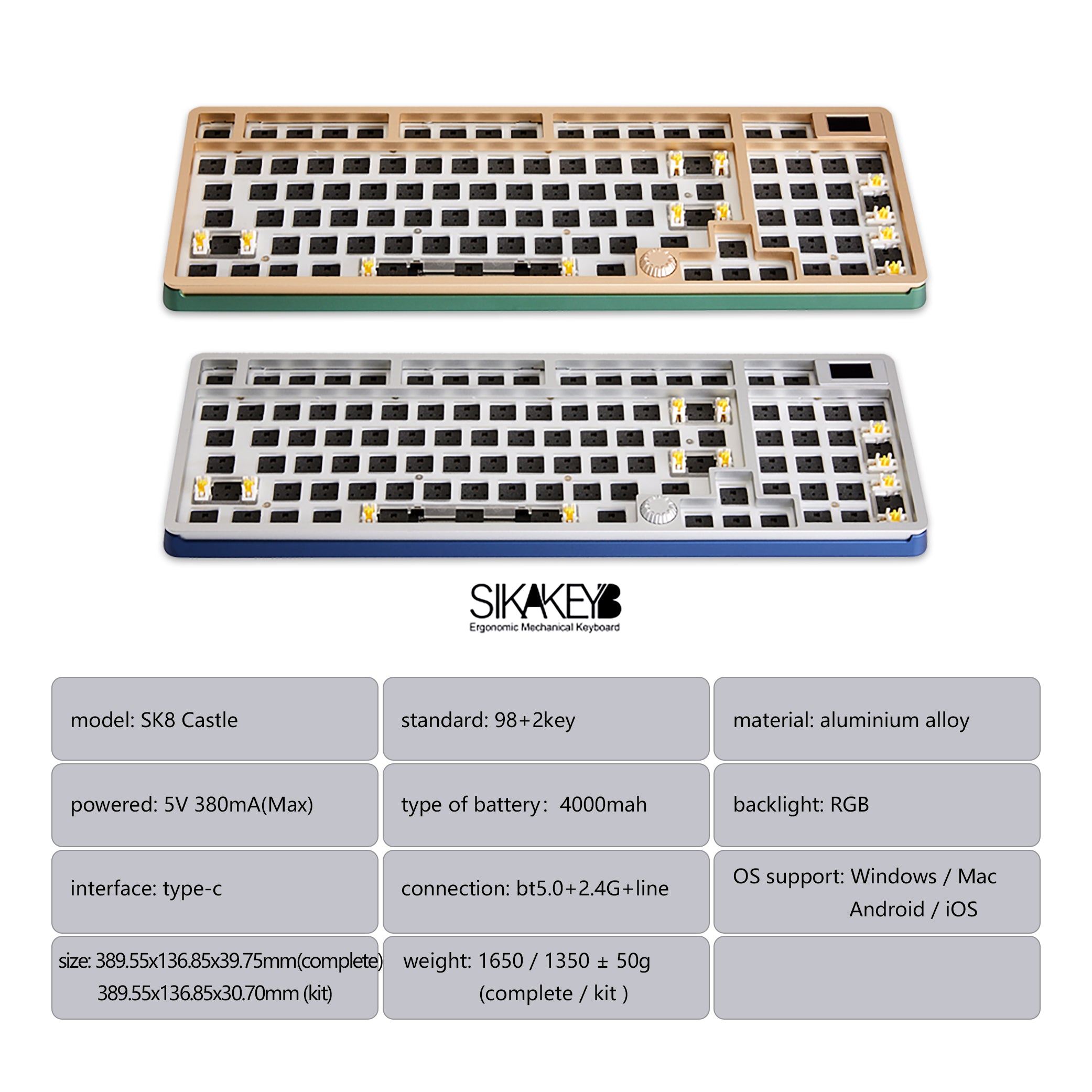 Sikakeyb Sk8 Castle Mechanisches Tastatur-Kit mit 98 Tasten und 95 % Knopfbildschirm